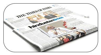 Stack of leading Indian newspapers including The Times of India and Hindustan Times with headline "Newspaper Advertising – Reach Millions Every Morning with Targeted Newspaper Ads".