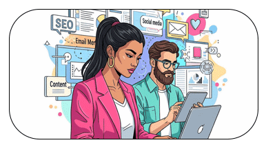 Two digital marketing professionals collaborating on online marketing strategies with laptops and digital advertising icons in background