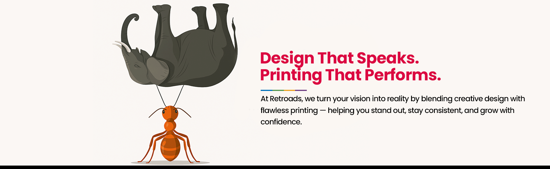 Digital marketing agency illustration showing ant carrying elephant demonstrating creative design and printing capabilities