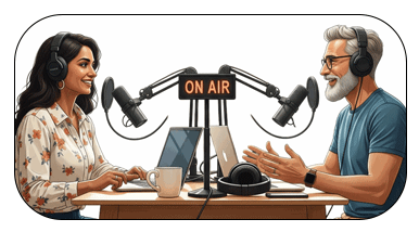 Two people recording a podcast in a professional studio setup with microphones, headphones, and ON AIR sign