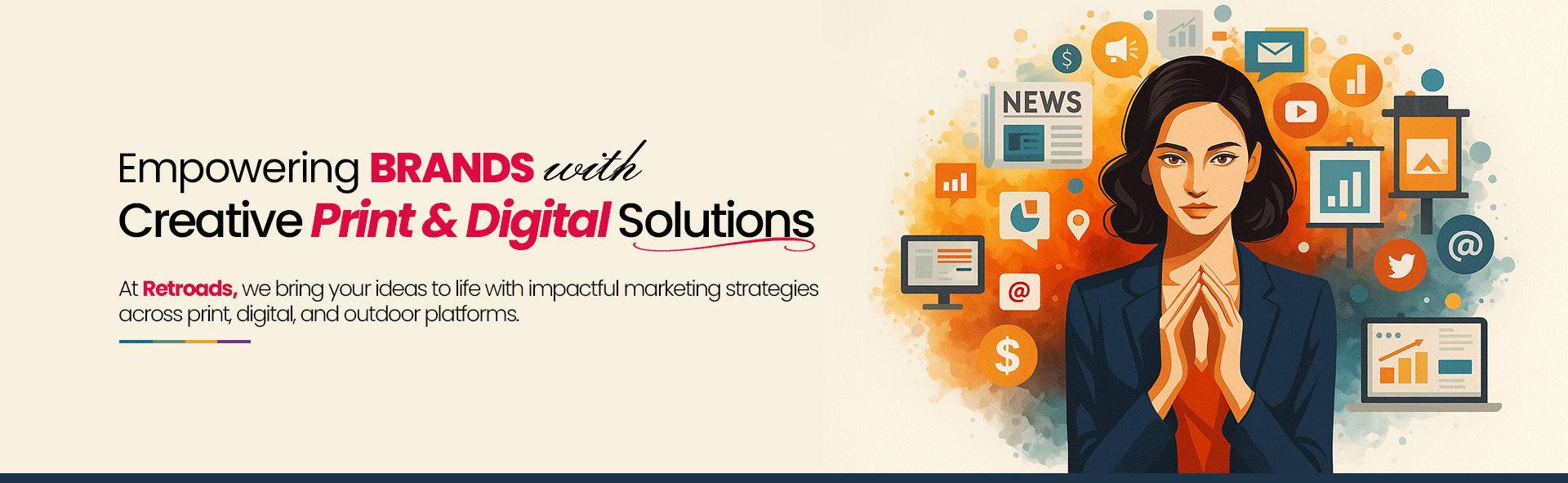 Retroads advertising banner showcasing newspaper advertising, designing & printing, outdoor hoarding, digital marketing, and radio advertising services.