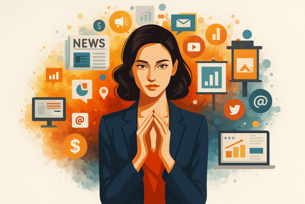 Professional businesswoman surrounded by digital marketing icons including social media, analytics, email marketing, and advertising symbols representing comprehensive marketing services