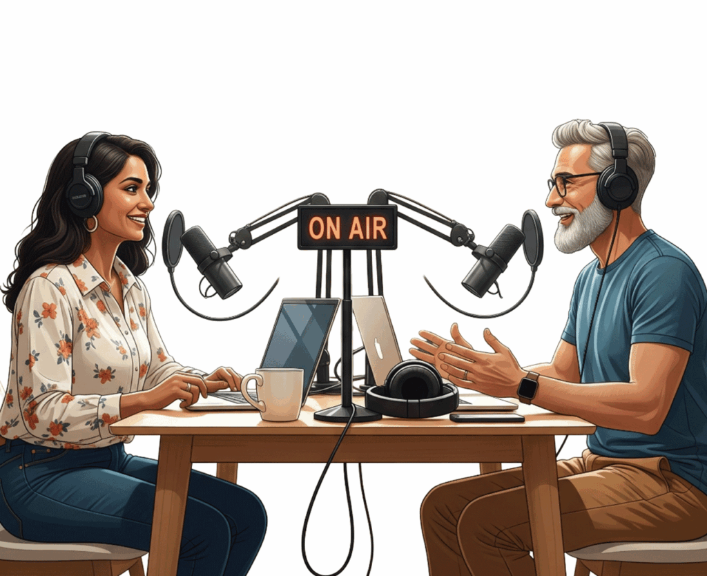 Two people recording a podcast in a professional studio setup with microphones, headphones, and ON AIR sign