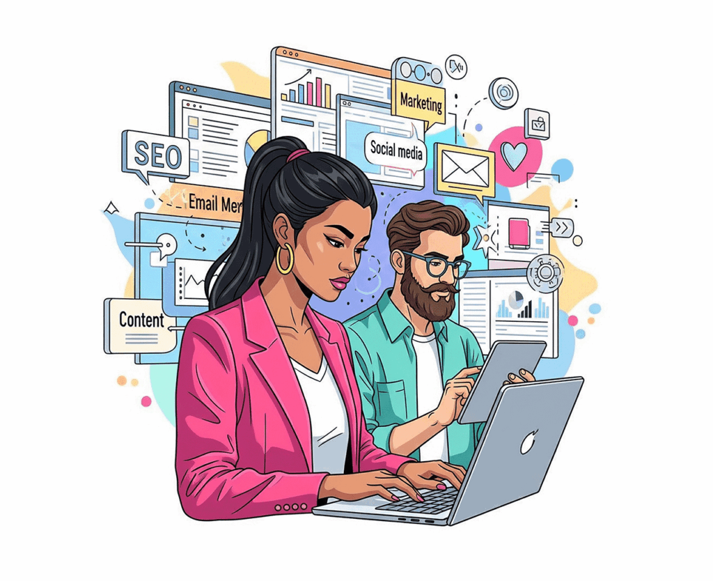 Two digital marketing professionals collaborating on online marketing strategies with laptops and digital advertising icons in background