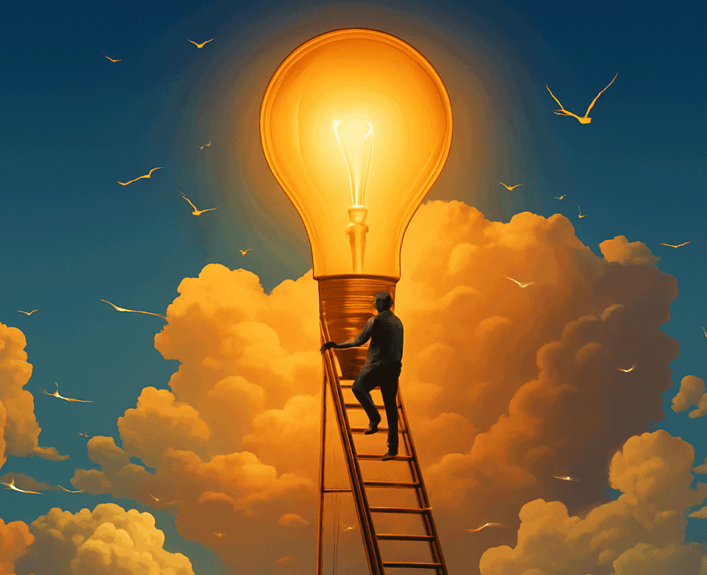 Person climbing ladder toward glowing lightbulb in cloudy sky representing innovation and achievement