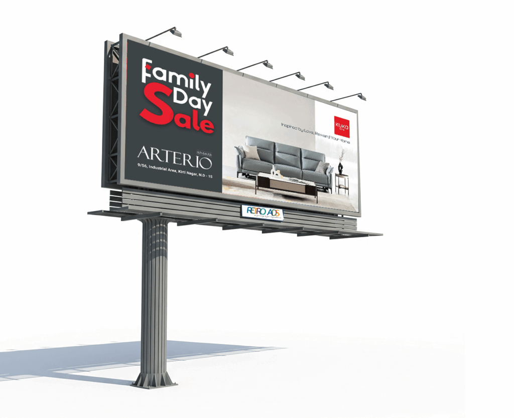 Outdoor hoarding advertising billboard displaying Family Day Sale promotion for Arterio furniture store with modern sofa advertisement